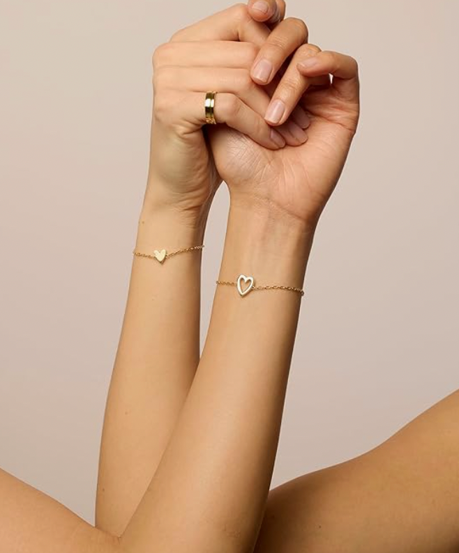 Jasmine Jewelers – 14K Gold Plated Matching Heart Charm Bracelet Set (2 Pack)