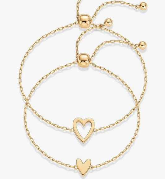 Jasmine Jewelers – 14K Gold Plated Matching Heart Charm Bracelet Set (2 Pack)