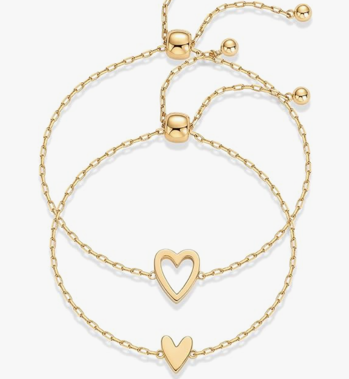 Jasmine Jewelers – 14K Gold Plated Matching Heart Charm Bracelet Set (2 Pack)