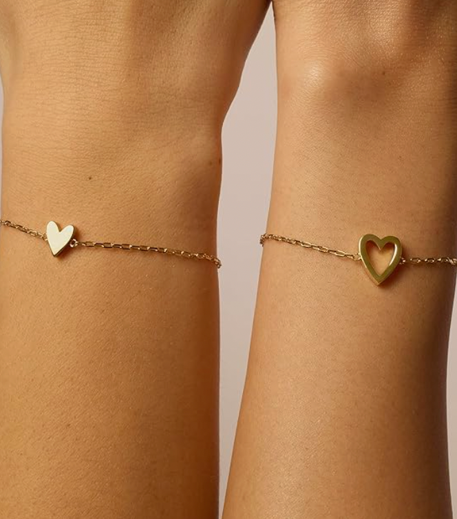 Jasmine Jewelers – 14K Gold Plated Matching Heart Charm Bracelet Set (2 Pack)